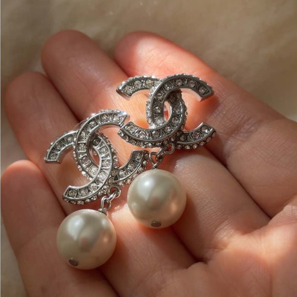 CHANEL Silver Crystal CC Logo Drop Earrings with White Pearls - Picture 11 of 13